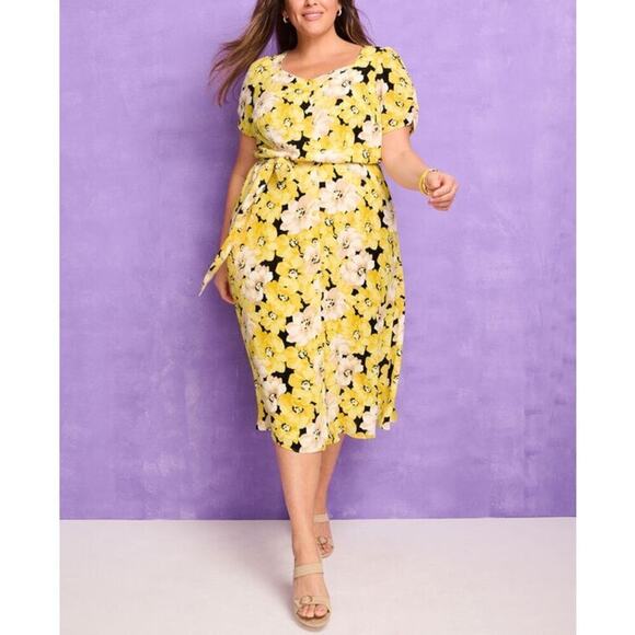 Talbots Stretch‎ Crepe Midi Dress in Yellow Pippy Poppies Floral Print, Size 22W - Picture 3 of 13
